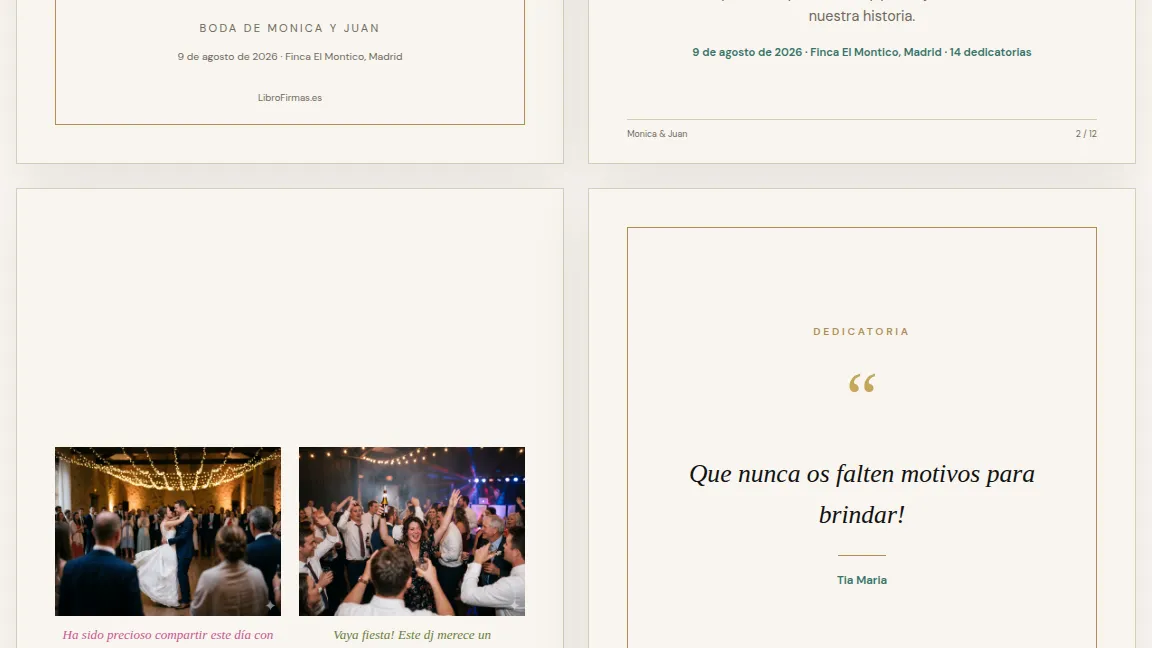 Páginas reales del álbum digital con fotos y mensajes de los invitados