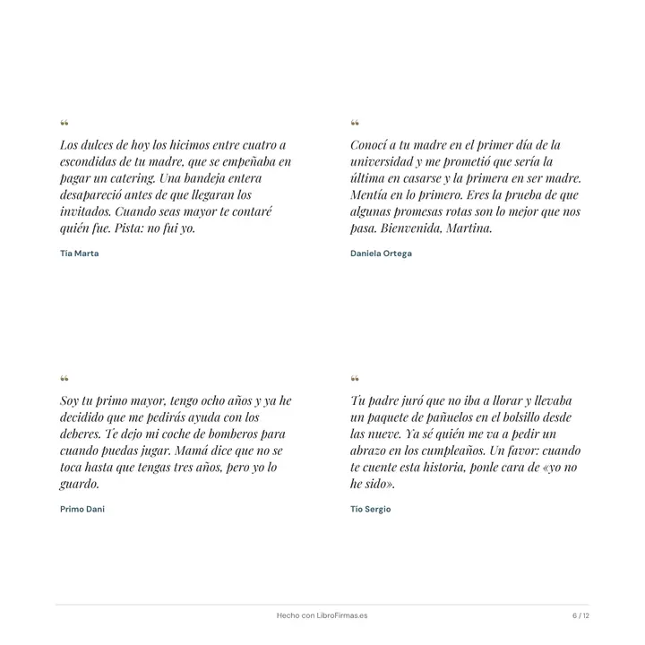 Página del libro con cuatro dedicatorias de texto de una tía, una amiga, un primo y un tío