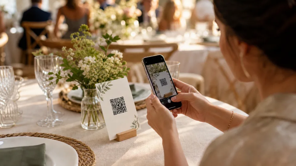Código QR de LibroFirmas impreso en una mesa de boda y escaneado con un móvil