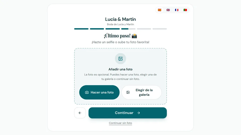 Paso de LibroFirmas en el que el invitado añade una foto desde el móvil: hacerla en el momento o elegirla de la galería
