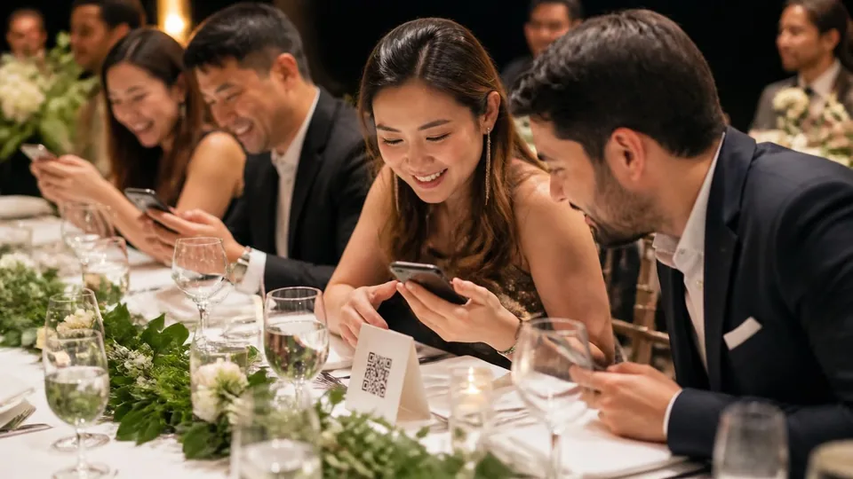 Varios invitados de boda riendo y usando el móvil en la mesa junto a una tarjeta con código QR