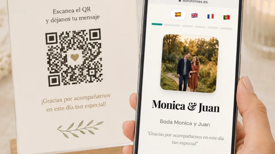 Mesa de boda con libro de firmas, tarjetas y código QR para invitados