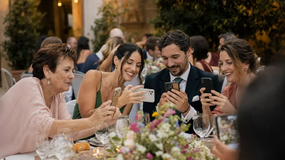 Invitadas de boda haciendo fotos espontáneas con sus móviles durante el banquete