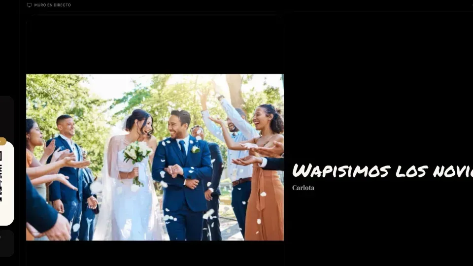 Muro de firmas en directo mostrando una dedicatoria de invitado en una boda
