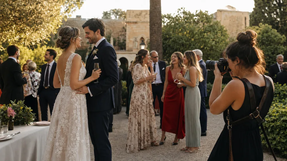 Fotógrafo retratando una escena principal mientras los invitados viven momentos espontáneos alrededor