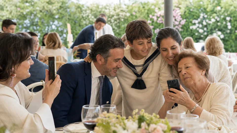 Familia haciéndose una foto con el móvil el día de la comunión