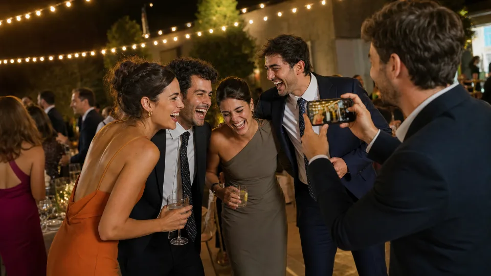Invitados de una boda riéndose mientras otro invitado les hace una foto con el móvil