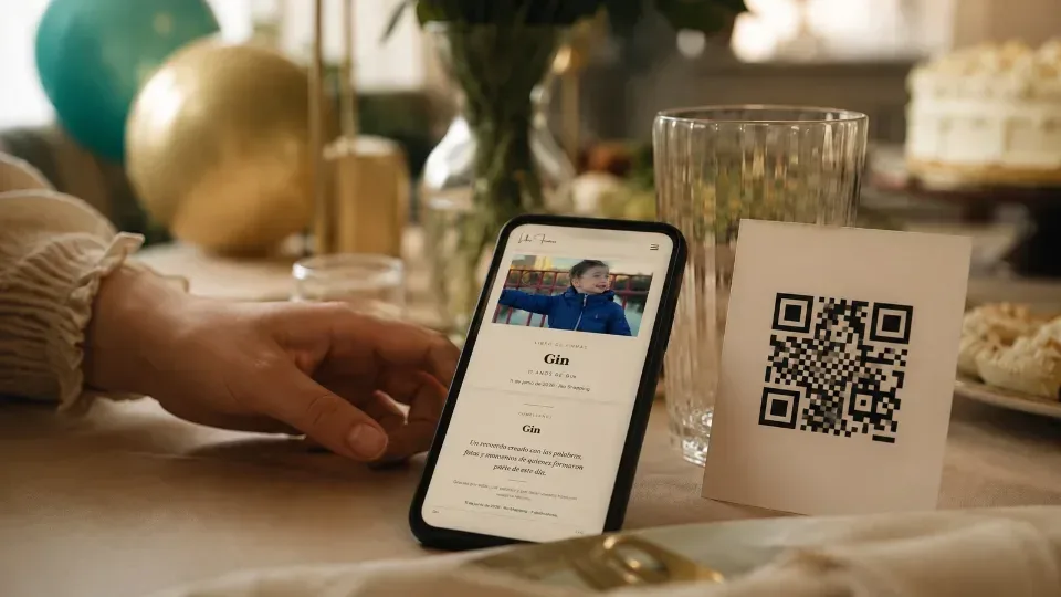 Mesa de cumpleaños con móvil mostrando un QR para firmar un libro digital