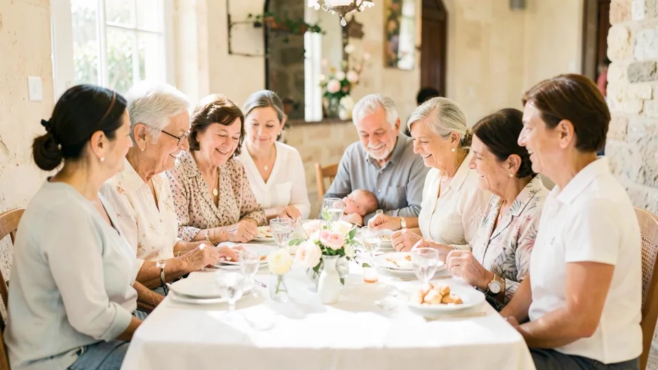 Familia reunida alrededor de una mesa durante la celebración de un bautizo