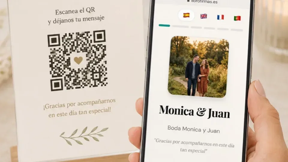 Libro de firmas de boda original con QR, tarjetas y detalles minimalistas sobre una mesa clara