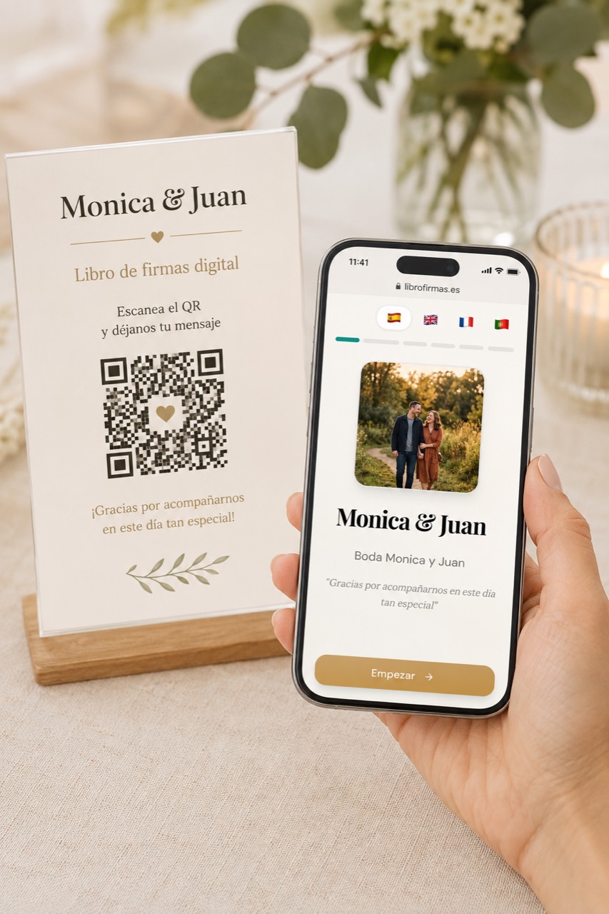 Libro de firmas de boda original con QR, tarjetas y detalles minimalistas sobre una mesa clara