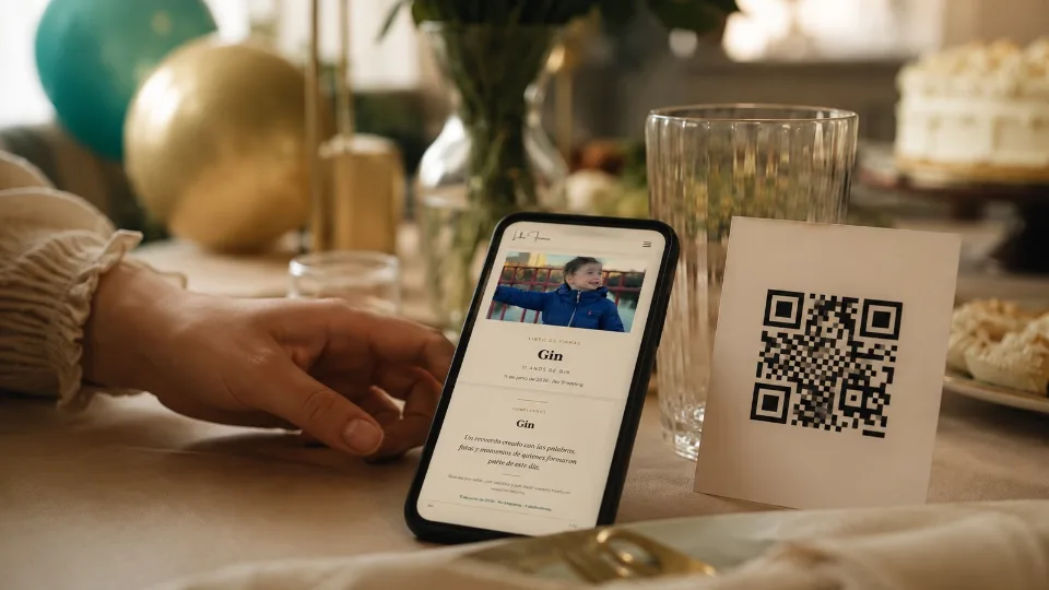 Libro de firmas de cumpleaños con QR para mensajes, fotos y audios
