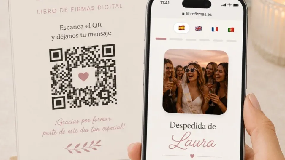 Libro de firmas para despedida de soltera con tarjetas, QR y decoración festiva en tonos suaves
