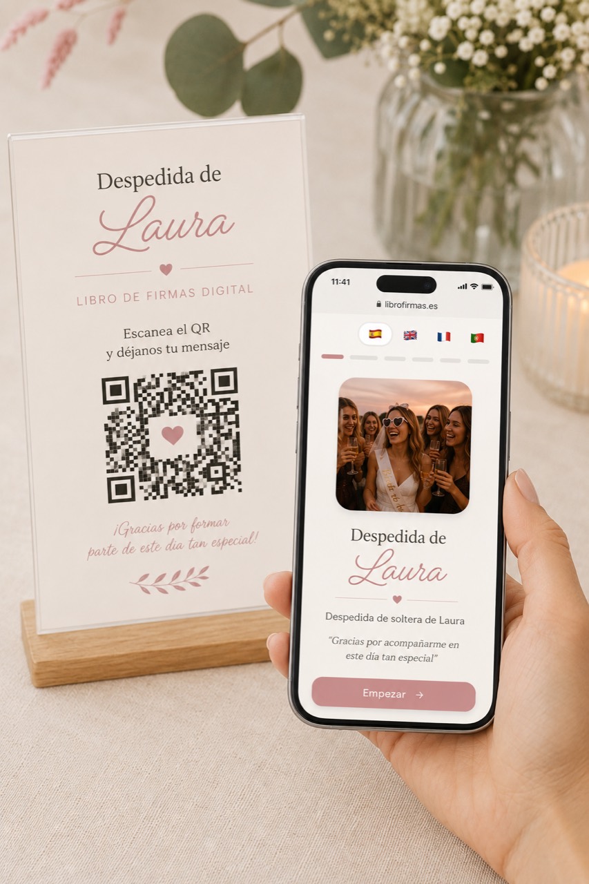 Libro de firmas para despedida de soltera con tarjetas, QR y decoración festiva en tonos suaves