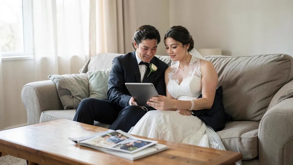 Pareja recién casada sentada en el sofá de casa mirando juntos una tablet junto a un álbum de fotos