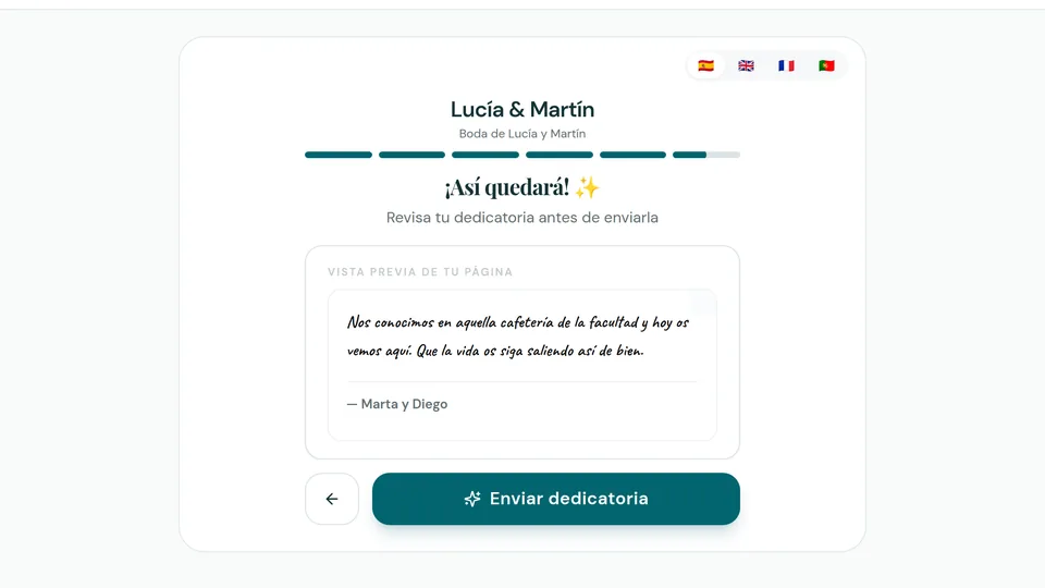 Vista previa «¡Así quedará!» de una dedicatoria antes de enviarla en LibroFirmas