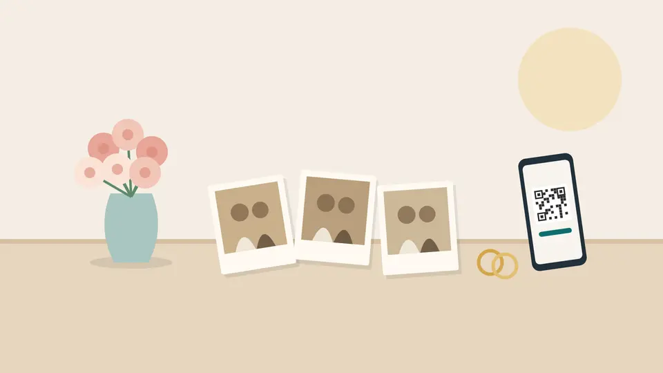 Ilustración para un libro de firmas de aniversario de boda: fotografías antiguas, un jarrón con flores, dos alianzas y un móvil con código QR