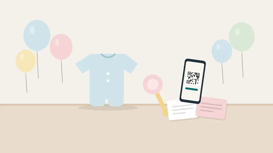 Ilustración de un libro de firmas para baby shower: globos en tonos pastel, body de bebé, sonajero y móvil con código QR junto a tarjetas de mensajes