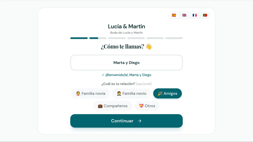 Pantalla que ve un invitado al escanear el QR de LibroFirmas: «¿Cómo te llamas?» en la boda de Lucía y Martín