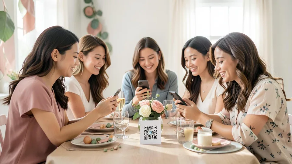 Grupo de amigas mirando el móvil junto a una tarjeta con código QR en una mesa de celebración