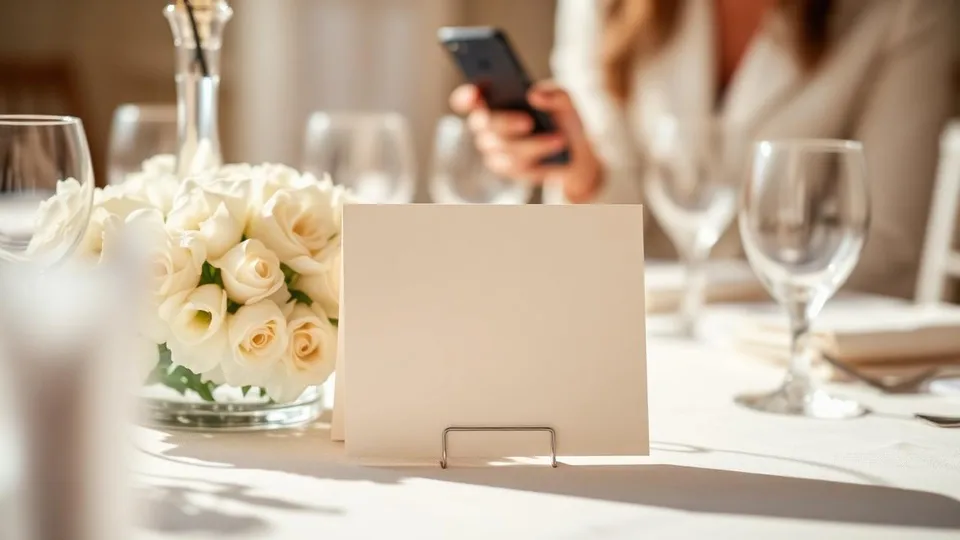 Tarjeta en un centro de mesa de boda mientras una invitada usa el móvil al fondo