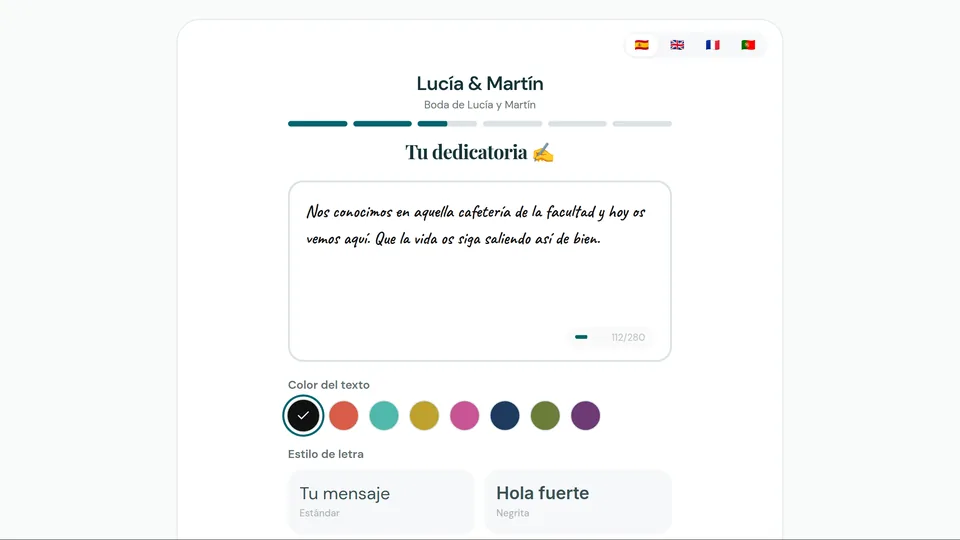 Pantalla de LibroFirmas para escribir la dedicatoria y elegir el color y el estilo de letra