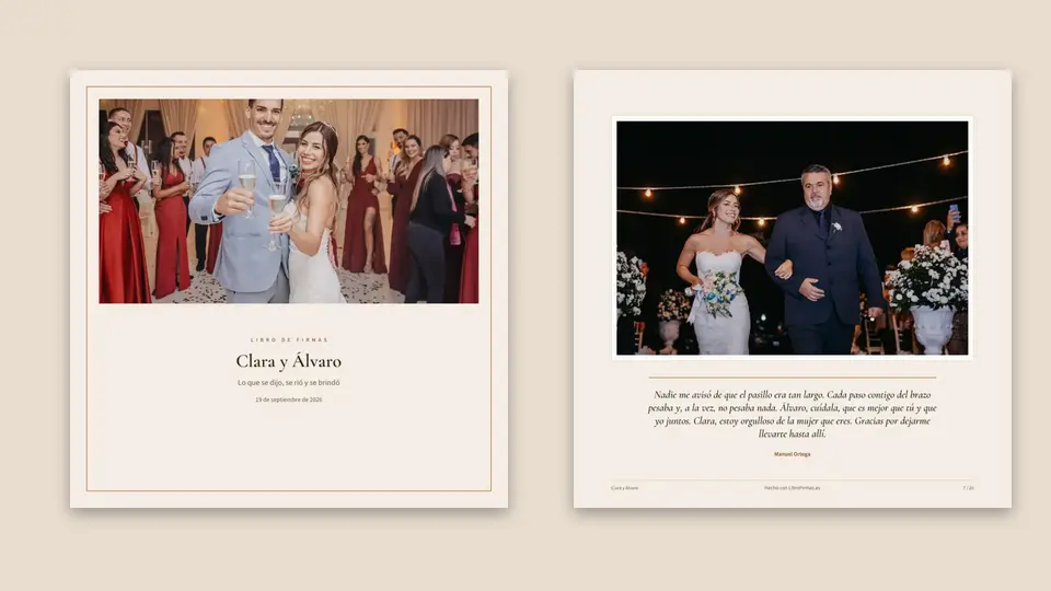 Dos páginas de un libro de firmas de ejemplo: la portada con una pareja brindando entre invitados y una dedicatoria con foto
