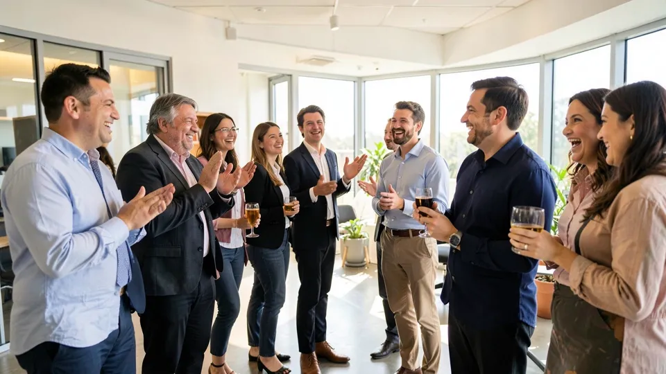 Equipo de trabajo aplaudiendo durante una celebración en la oficina