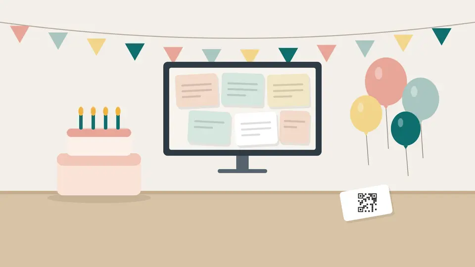 Ilustración de mensajes para una fiesta sorpresa en una pantalla, con banderines, globos y una tarta con velas