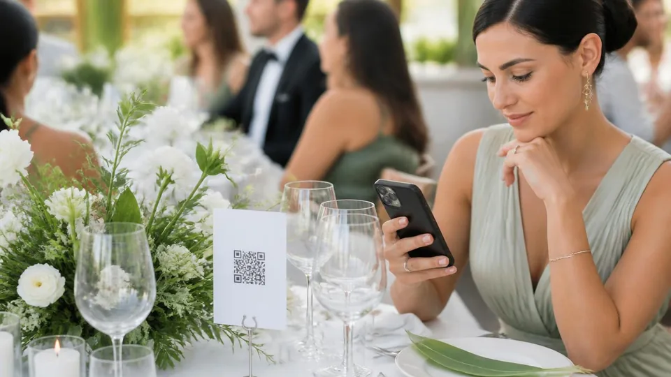 Invitada de boda pensando frente a su móvil junto a una tarjeta con código QR en la mesa