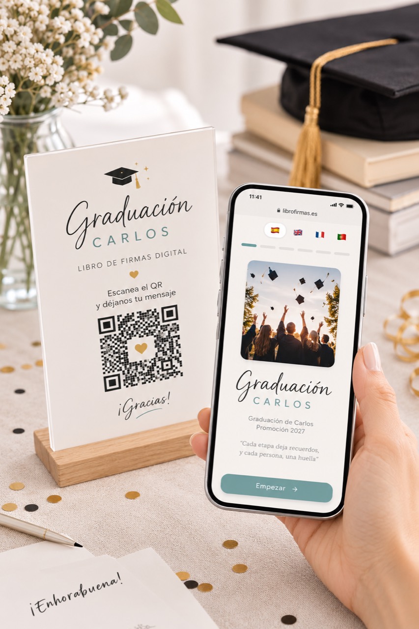 Libro de firmas de graduación con birrete, tarjetas y detalles académicos en una mesa clara