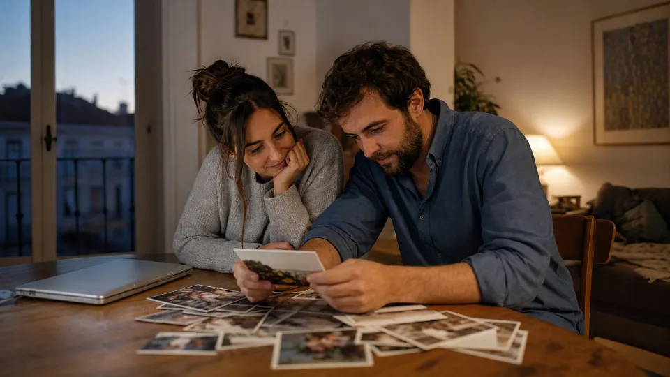 Pareja recién casada revisando fotos impresas de su boda en casa
