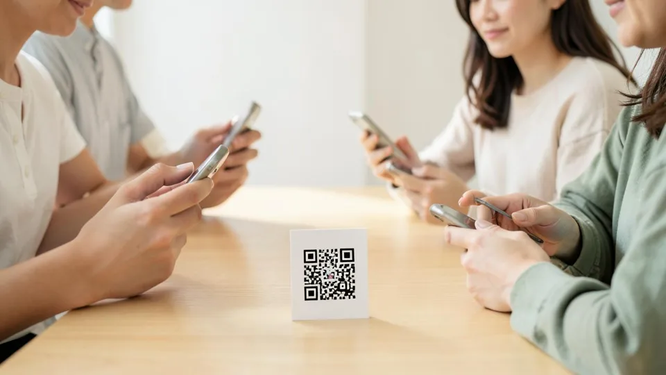 Varias personas usando el móvil alrededor de una mesa con una tarjeta con código QR