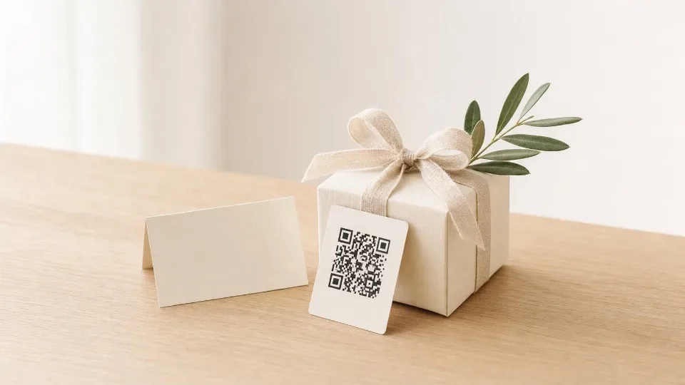 Regalo original para novios con tarjeta y detalles minimalistas de boda