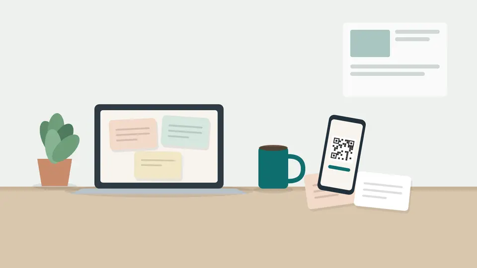 Ilustración de una tarjeta de despedida digital para un compañero de trabajo: escritorio con una pantalla llena de mensajes, taza de café, planta y móvil con código QR