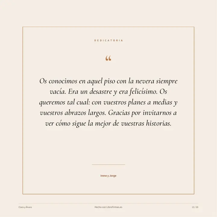 Página del libro con una dedicatoria destacada de dos amigos de la universidad