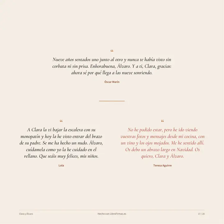 Página del libro con tres dedicatorias de texto de compañeros de trabajo y vecinos de los novios
