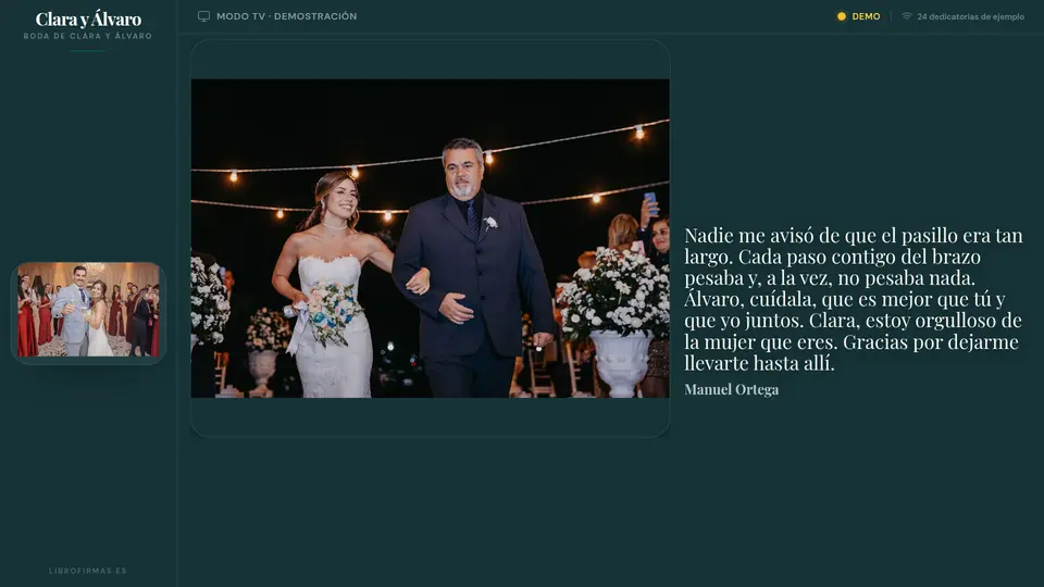 Muro de demostración proyectando la dedicatoria de un invitado con su foto