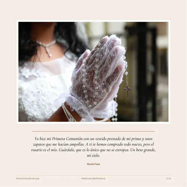 Página del libro con la fotografía de unas manos con guantes de encaje y un rosario, y la dedicatoria de la abuela materna