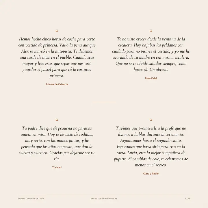 Página del libro con cuatro dedicatorias de texto de la bisabuela, unos amigos, un párroco y un tío