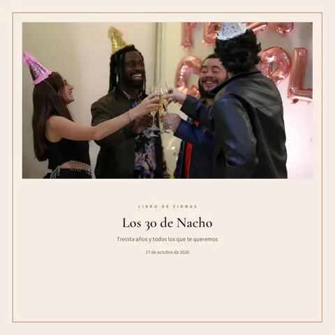 Portada del libro de ejemplo «Los 30 de Nacho», con un brindis entre amigos