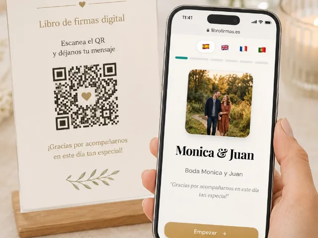 Cartel con código QR junto a un móvil abriendo el libro de firmas digital