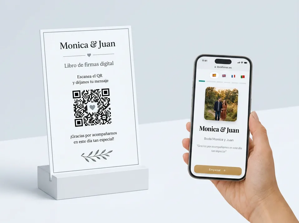 Cartel blanco con código QR junto a un móvil mostrando el libro de firmas digital de una boda