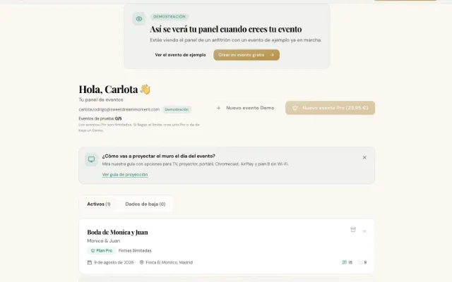 Panel del anfitrión con las dedicatorias y fotos recibidas