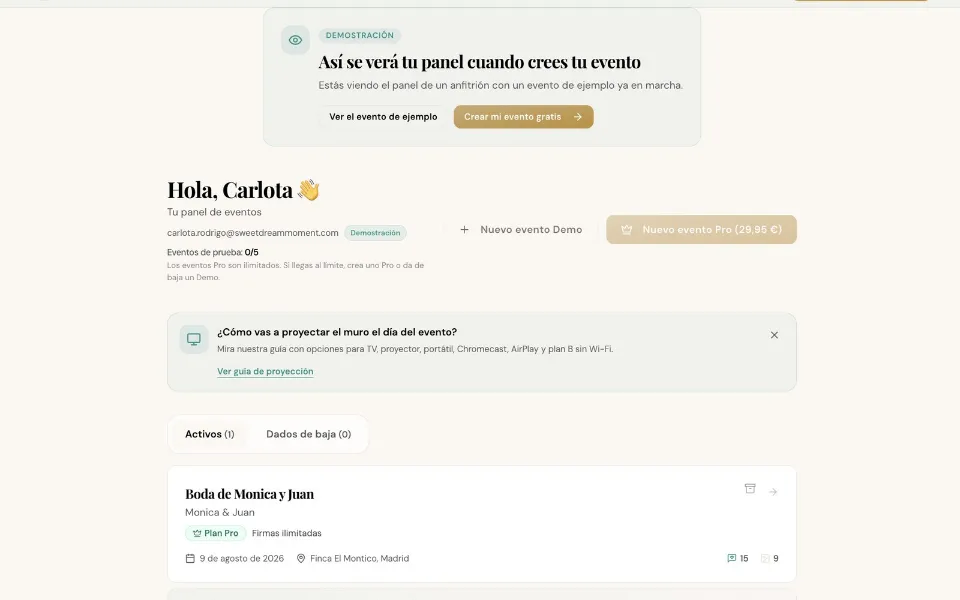 Panel del anfitrión de un ejemplo de libro de firmas digital con mensajes recibidos
