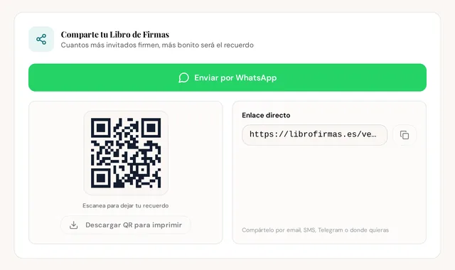 Pantalla para compartir el evento por WhatsApp, copiar el enlace o descargar el QR