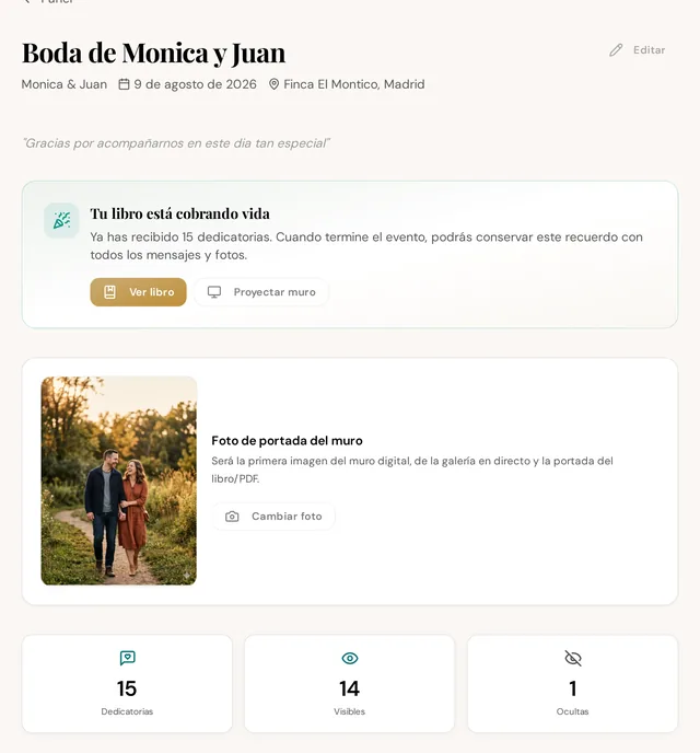 Panel del anfitrión con el resumen del evento recién creado