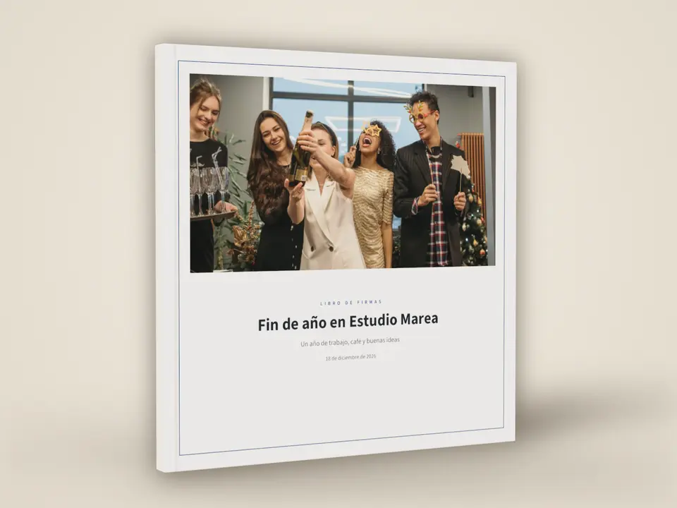 Representación de un libro fino cerrado con la portada «Fin de año en Estudio Marea»