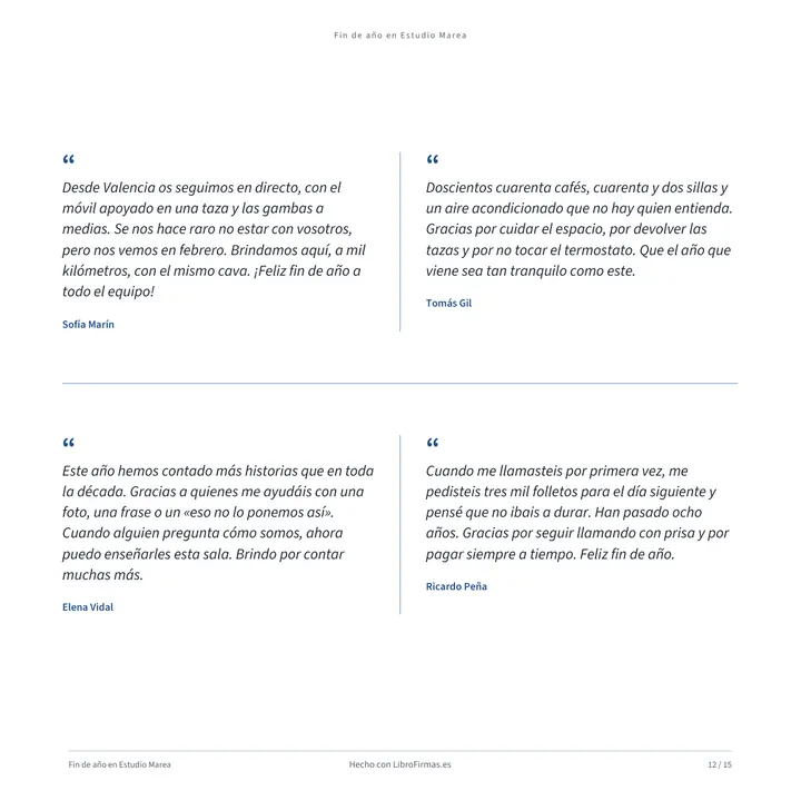 Página del libro con cuatro mensajes de texto de personas de distintos departamentos y oficinas