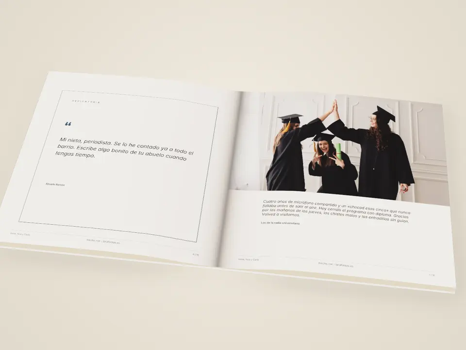 Representación del mismo libro abierto por las páginas 6 y 7, con una dedicatoria destacada y otra con su fotografía